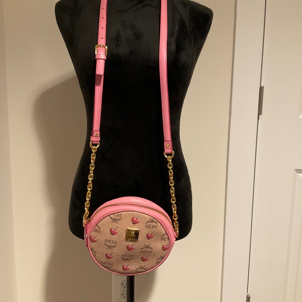 MCM Round Pink/Tan w/Cherries and Gold Chain Crossbody